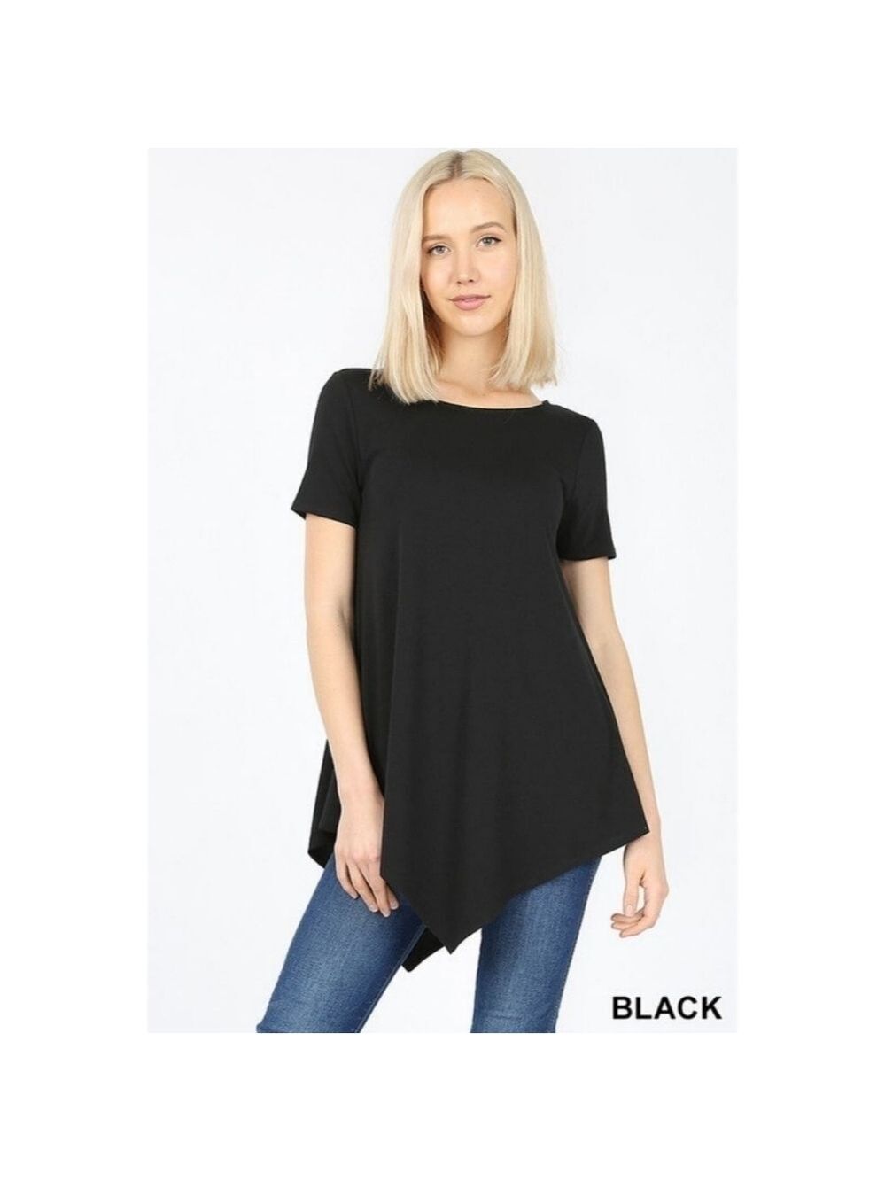 ZENANA Short Sleeve Black Asymmetrical Hem Top Tunic t-shirt Size Small NWT